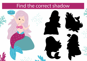 Mermaid and underwater world. Find the right shadow. Educational game.