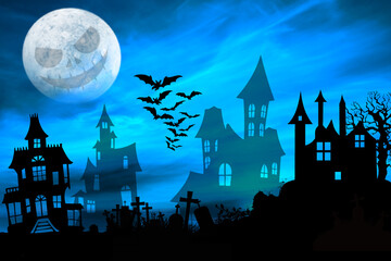 Halloween - opuszczone domy przy cmentarzu z nietoperzami i księżycem w pełni. - obrazy, fototapety, plakaty