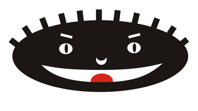 Cartoon smiling face emoticon in black and white with red tongue. Emotions - smile, joy, surprise, enthusiasm. Video art graphics