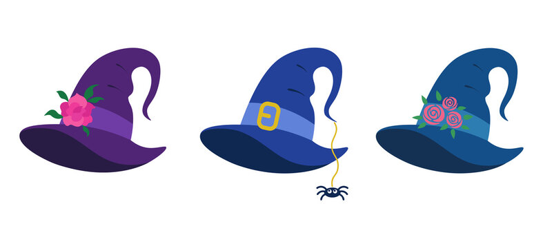 Witch's hats set. Halloween Illustration. Cartoon witch hats decorated with flowers and spider. Halloween design elements. Vector illustration isolated on white background.