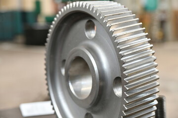 Cogwheel with a slanting tooth after manufacturing at the factory.