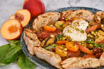 Grilled Peach and Burrata Plate with Tomatoes