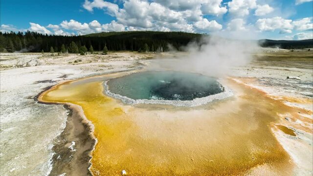 Time Lapse Lockdown Shot Of Steam Emitting From Hot Spring Over Landscape On Sunny Day - Yellowstone National Park, Wyoming