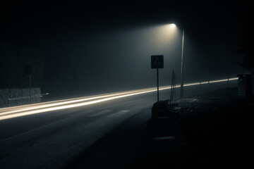 Neon white trail on foggy street during night