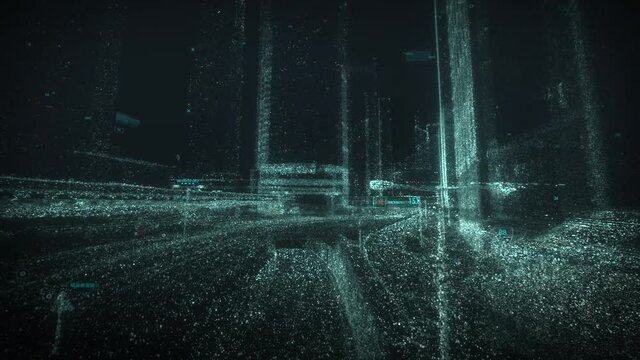 Digital model of a city street by laser scanning. 3D point cloud from lidar. Machine learning system concept