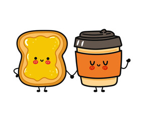 Cute, funny happy paper cup and toast with jam character. Vector hand drawn cartoon kawaii characters, illustration icon. Funny cartoon paper cup and toast with jam friends concept