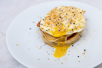 Protein pancakes with fried egg and bagel seasoning. food for calorie controlled diet. 