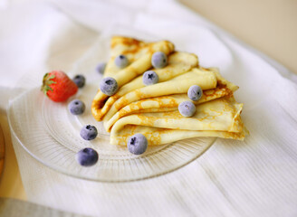 pancakes with blueberries. Carnival celebration. Maslenitsa food. Homemade bakery 