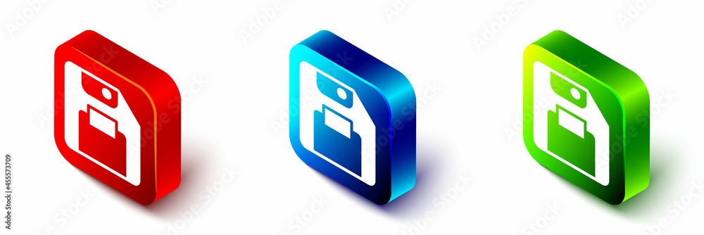 Poster Isometric Floppy disk for computer data storage icon isolated on white background. Diskette sign. Red, blue and green square button. Vector