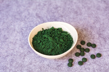 Spirulina Powder and Pills Healthy Dietary Supplement .Organic Green Algae - Chlorella