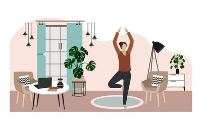 Banner. The girl is engaged in yoga. Stylish modern interior. The girl leads a healthy lifestyle. Vector illustration.

