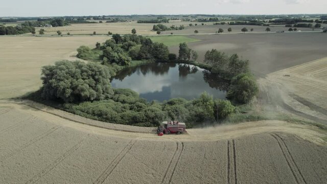 Aerial tracking shot of Harvester harvests in the field close to a lake agriculture road with cars in the background