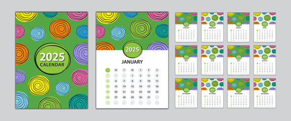 Desk calendar 2025 template set, Calendar design vector illustration, Set, wall calendar 2025 design, Poster, Green cover design