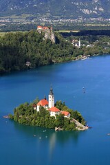 Bled Island with the church and Bled Castle, Julian Alps, Slovenia