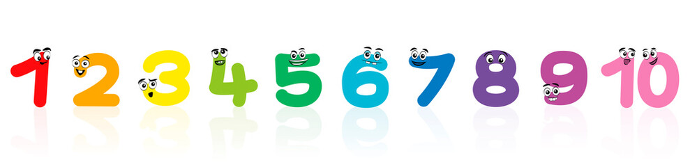 Comic digits. Colorful happy numbers with funny faces from one to ten. Isolated vector illustration on white background.
