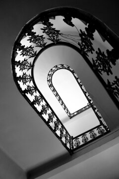 Bottom view of black and white staircase