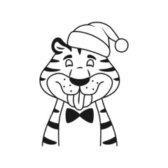 Teasing cheerful line tiger shows tongue portrait isolated on white background. Happy playful smiling cartoon wildcat in Santa hat. Black white outline Christmas vector illustration for coloring page.