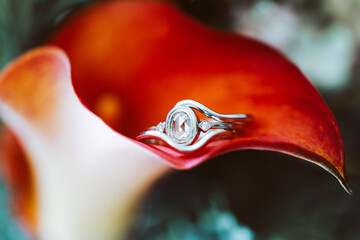 Clear jeweled silver-colored ring inside orange flower