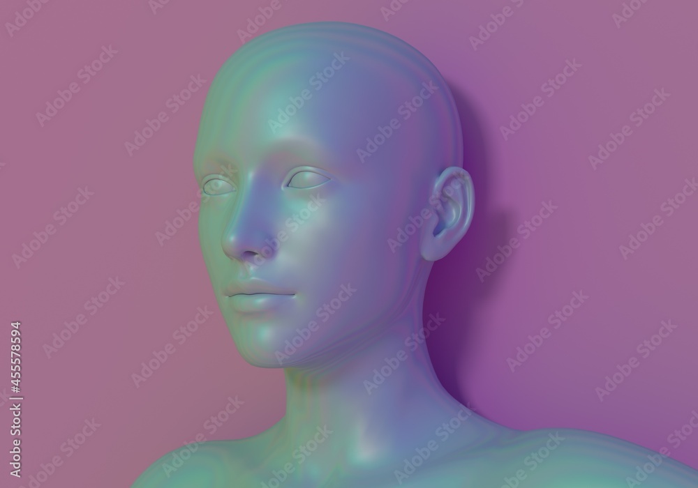 Poster surrealistic 3d illustration of a human face made of holographic material. concept of cyborg and art