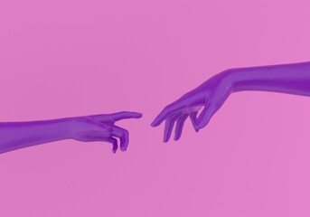 Modern 3d illustration with two hands about to touch each other, reminiscent of the scene of Adam's creation. - obrazy, fototapety, plakaty