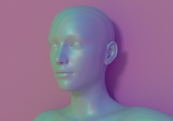 Surrealistic 3d illustration of a human face made of holographic material. Concept of cyborg and artificial intelligence.