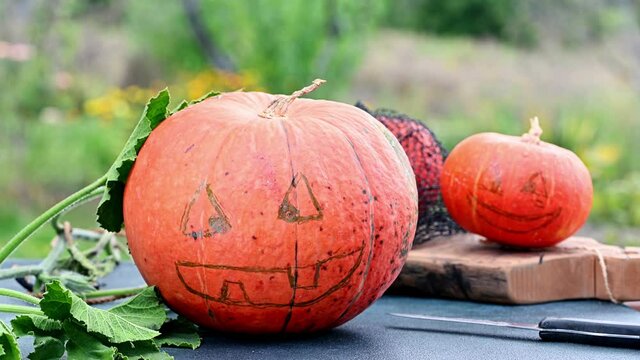 Halloween pumpkin on table. carved pumpkin or jack-o-lantern. Halloween decoration. Funny pumpkin face. Preparing to halloween