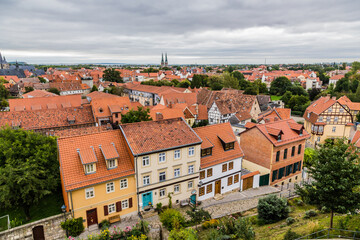 Fototapeta na wymiar Quedlinburg, Germany. Scenic view of the historic center (UNESCO) from the Schlossberg mountain