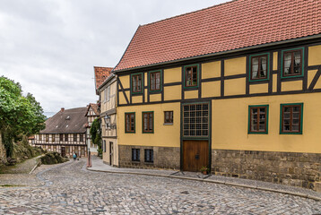 Quedlinburg, Germany. Street with half-timbered buildings in the medieval historic center (UNESCO)