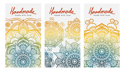 Set of vector cards with the inscription handmade. Retro entic ornament. Colored rainbow mandala.