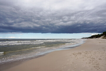 pristine empty sand beaches with forest and sand dunes on the shore