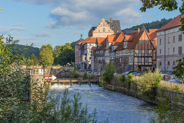 Obraz premium Hannoversch Münden, Germany. City landscape with half-timbered houses on the river bank