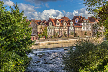 Fototapeta na wymiar Hannoversch Münden, Germany. Picturesque landscape with half-timbered houses on the river bank