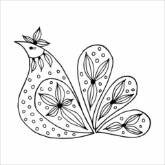 Free hand drawn stylized proud hen bird in doodle or sketch style. Children's and adult coloring pages, anti-stress. Postcard, invitation, greeting card, poster.