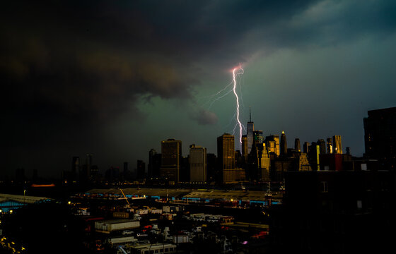 Lightning strikes Manhattan behind One World Trade on a stormy night