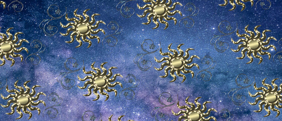 Golden sun pattern on universe background with stars and floral jewels,design with smooth texture, banner in blue, purple and white tone template with constellations.