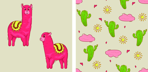 Cute seamless baby pattern with llama. Cartoon pattern with llama, cactus, sun and cloud for textiles, wrapping paper, fabric. Stock vector illustration.