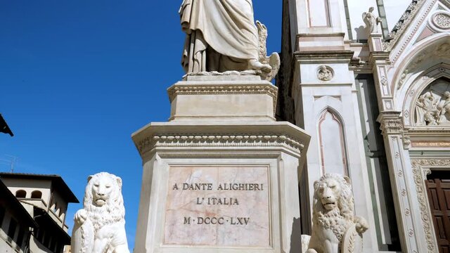 Famous statue of Dante Alighieri in front of Basilica Santa Croce Square in Florence Tuscany Italy