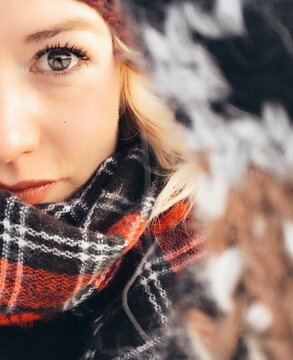 Portrait Of Woman In Red White And Black Scarf