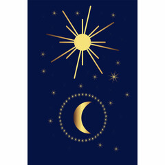Moon and stars in gold on blue background, vector