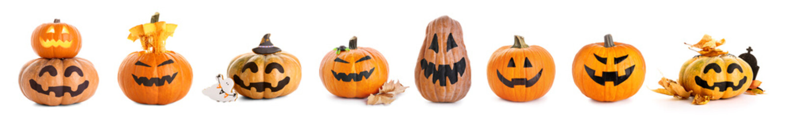 Set of funny Halloween pumpkins on white background