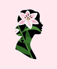 Flowers woman profile. Spring female portrait, flower face girl silhouette icon, beautiful romantic summer pretty natural lady head vector illustration