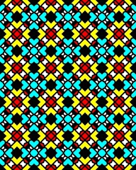 Illustration of a seamless tile pattern with ornaments in blue, black, white, red and yellow