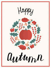 Autumn vector card with pumpkin on white background for cute postcard, logo, for the design of a children`s room, for invitations, greeting cards. Hello Autumn.