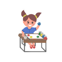 Cute school girl character sitting at the desk and painting isolated vector illustration. Early education concept.