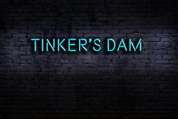 Neon sign. Word tinker's dam against brick wall. Night view - obrazy, fototapety, plakaty