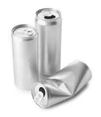 Cans of soda on white background