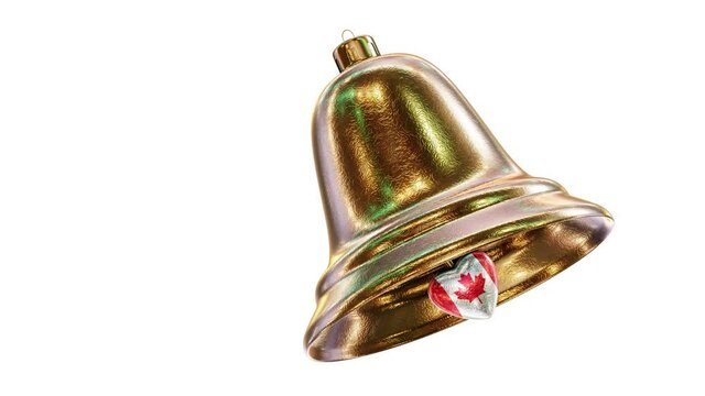 Realistic looping 3D animation of the fancy golden textured Christmas bell with Canada national flag bell clapper rendered in UHD with alpha matte