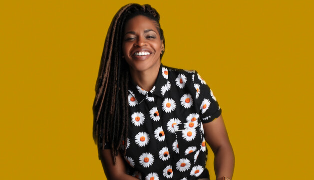 Woman with dreadlocks posing with a smile in front of yellow beackground