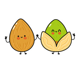 Cute, funny happy almond and pistachios character. Vector hand drawn cartoon kawaii characters, illustration icon. Funny cartoon almond and pistachios friends concept