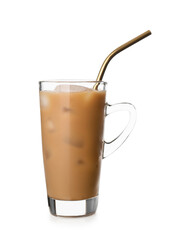 Glass of iced coffee with milk on white background